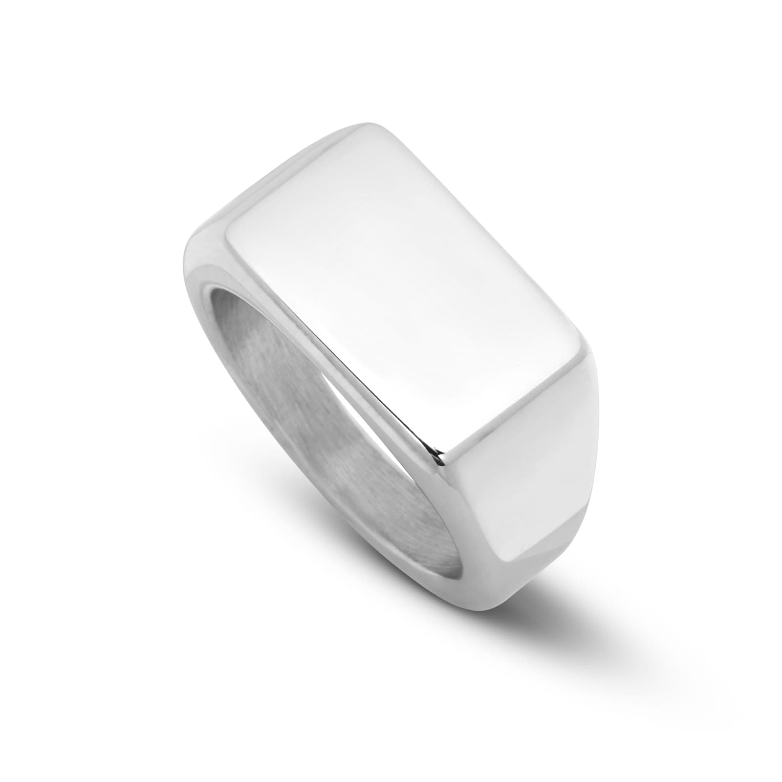 The Cartouche, a rectangle-faced signet ring in stainless steel