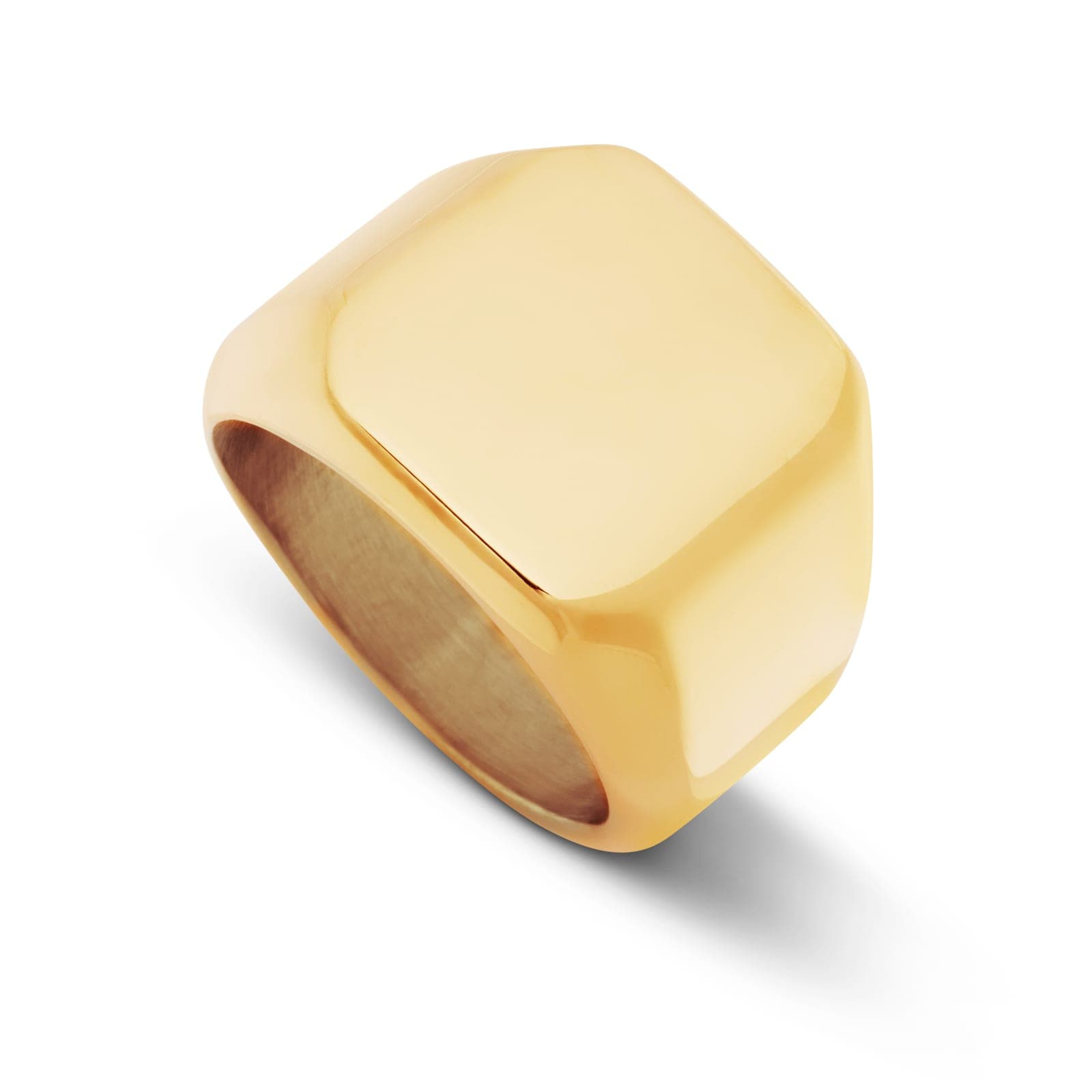 The Crest in 18k gold PVD: a chunky signet ring with a smooth square face