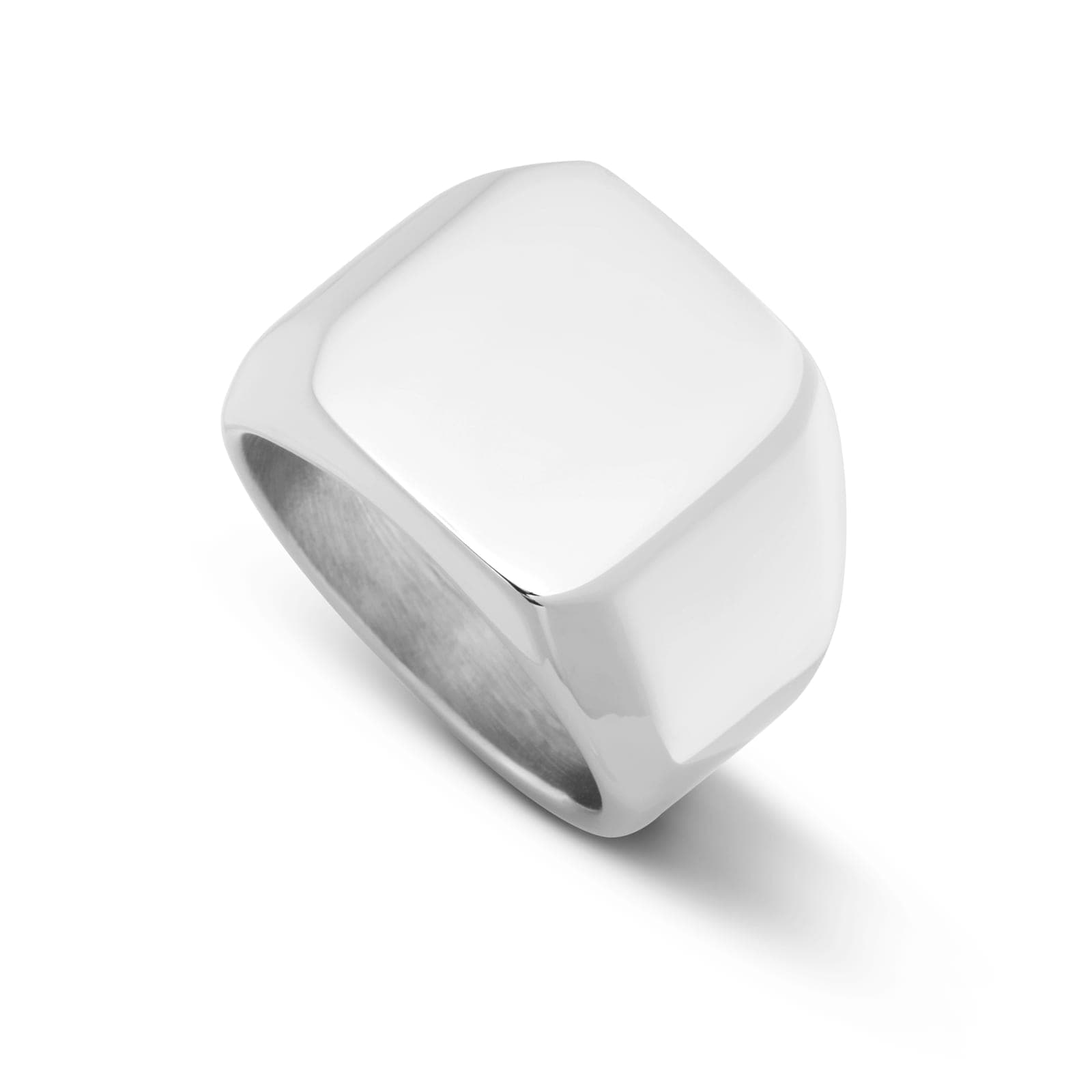 The Crest, a chunky square-faced signet ring in stainless steel