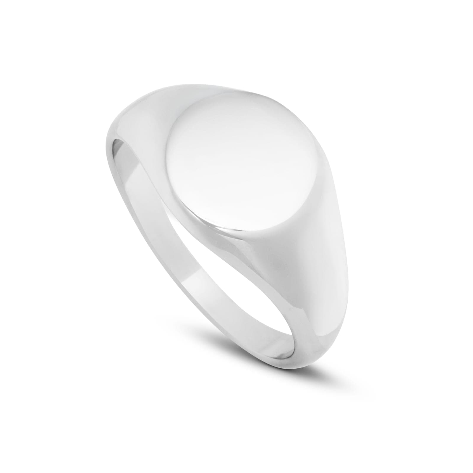 The Medallion in stainless steel, seen at an angle: a signet with a round face